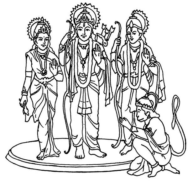 Scène de mythologie hindoue avec divinités et motifs ornementaux