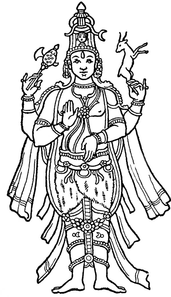 Coloriage d'une scène de mythologie hindoue avec des personnages et des motifs décoratifs Coloriage d'une scène de mythologie hindoue avec des personnages et des motifs décoratifs