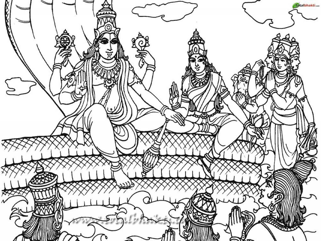 Coloriage d'une scène mythologique hindoue avec divinités et éléments naturels Coloriage d'une scène mythologique hindoue avec divinités et éléments naturels