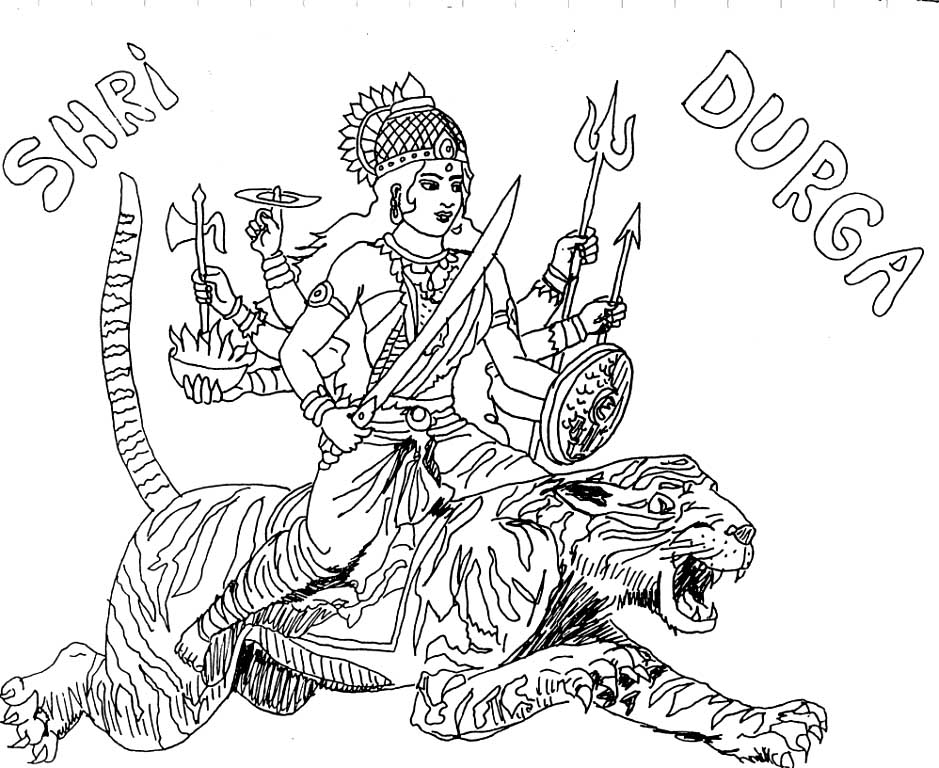 Coloriage d'une déesse hindoue entourée de motifs floraux Coloriage d'une déesse hindoue entourée de motifs floraux