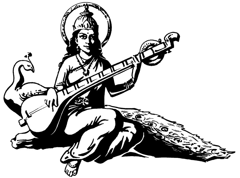 Scène de mythologie hindoue avec divinités et motifs symboliques