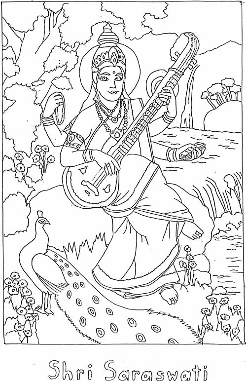 Scène de mythologie hindoue avec divinités et motifs floraux