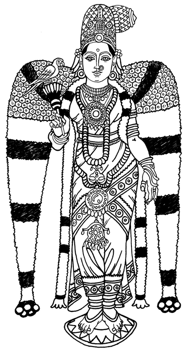 Scène de mythologie hindoue avec des figures divines et symboles culturels