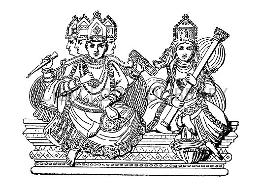 Scène de mythologie hindoue avec divinités et motifs symboliques