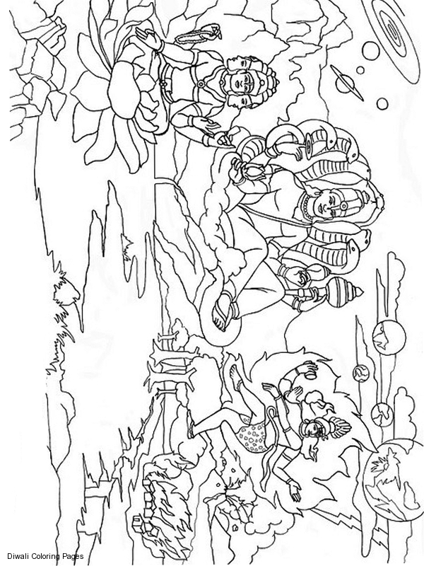 Un coloriage de divinités hindoues entourées de motifs floraux