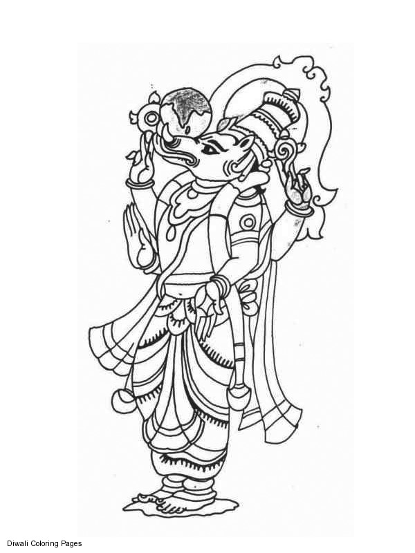 Coloriage d'une scène mythologique hindoue avec un personnage central Coloriage d'une scène mythologique hindoue avec un personnage central