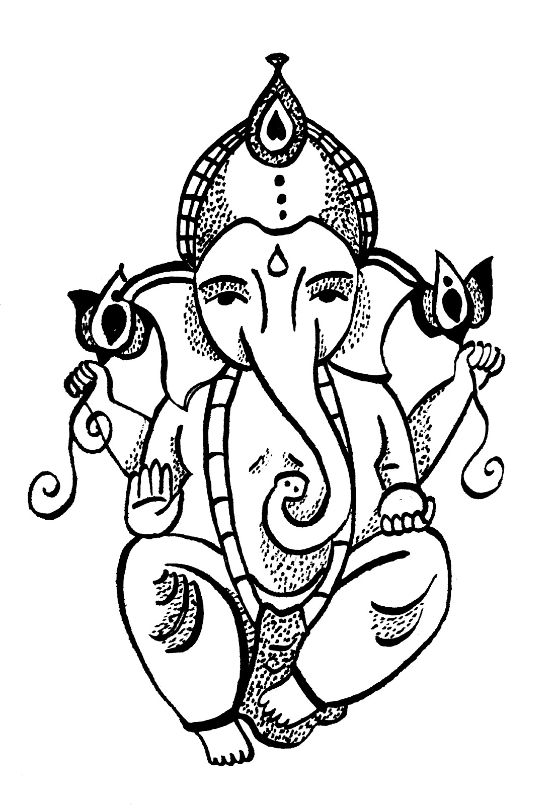 Coloriage d'une déesse hindoue entourée d'éléments symboliques