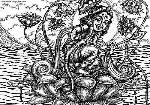 Scène de mythologie hindoue avec un dieu au milieu d'éléments symboliques
