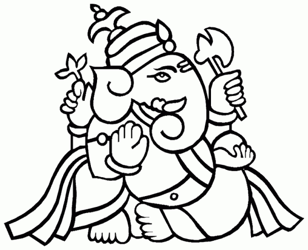 Un coloriage représentant une scène de mythologie hindoue avec des personnages et des motifs symboliques