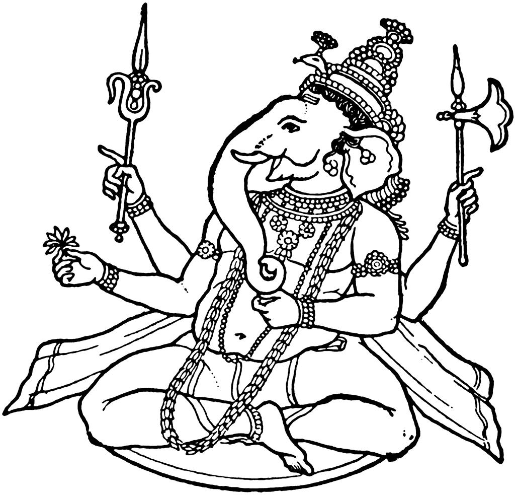 Coloriage de divinités hindoues entourées de motifs floraux