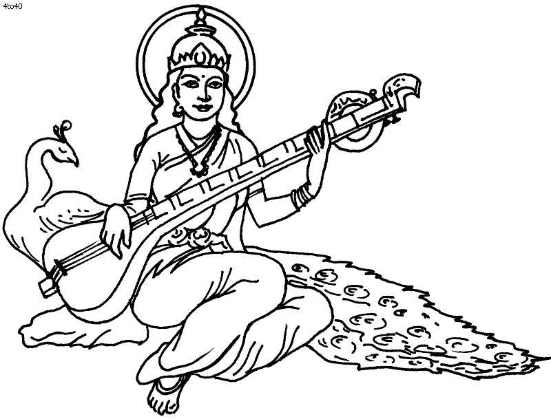 Coloriage d'une scène mythologique hindoue avec une divinité et des motifs floraux Coloriage d'une scène mythologique hindoue avec une divinité et des motifs floraux