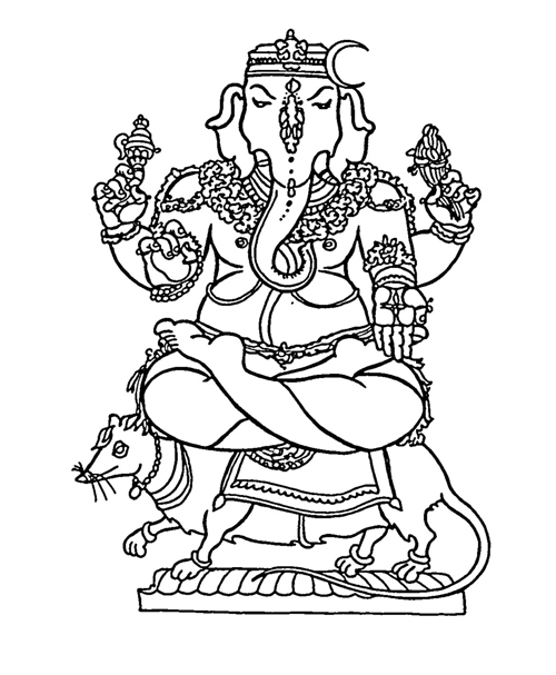 Un coloriage de divinités hindoues au milieu de motifs floraux
