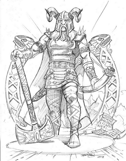 Scène de mythologie nordique avec un dieu et des créatures mythiques