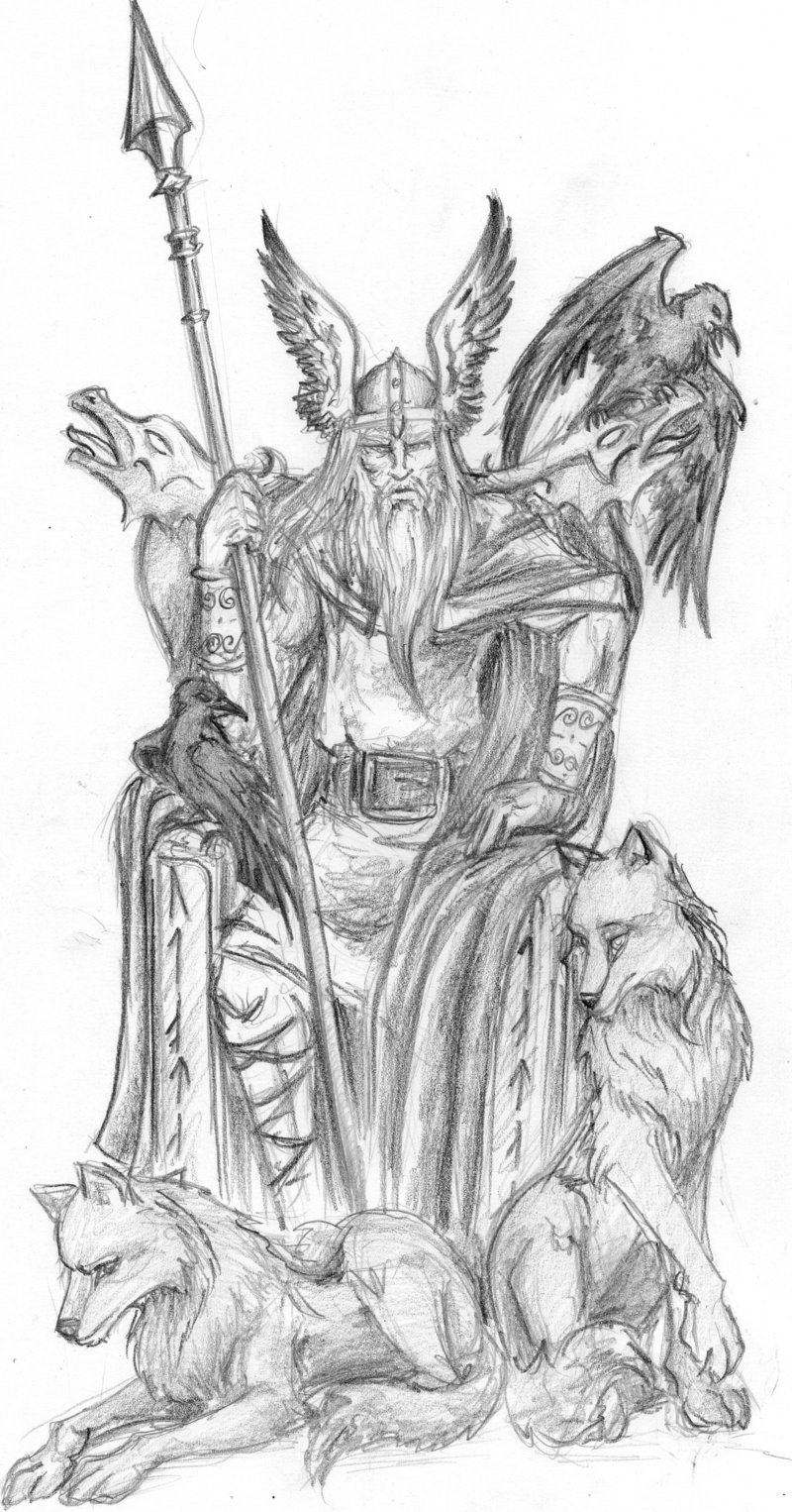 Scène de mythologie nordique avec un dieu et des éléments symboliques