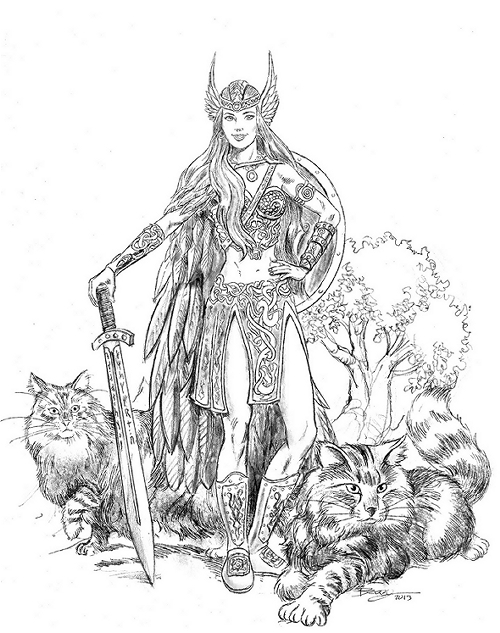Un coloriage illustrant une scène de mythologie nordique avec des personnages emblématiques