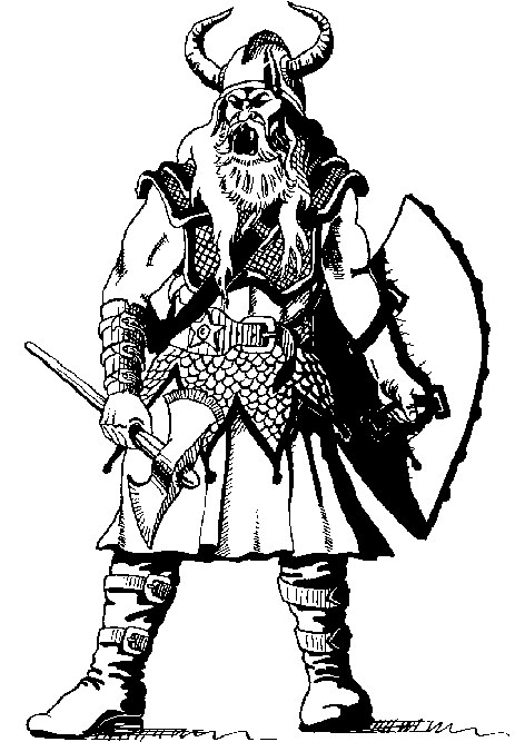 Coloriage d'une scène de mythologie nordique avec des personnages et des éléments naturels