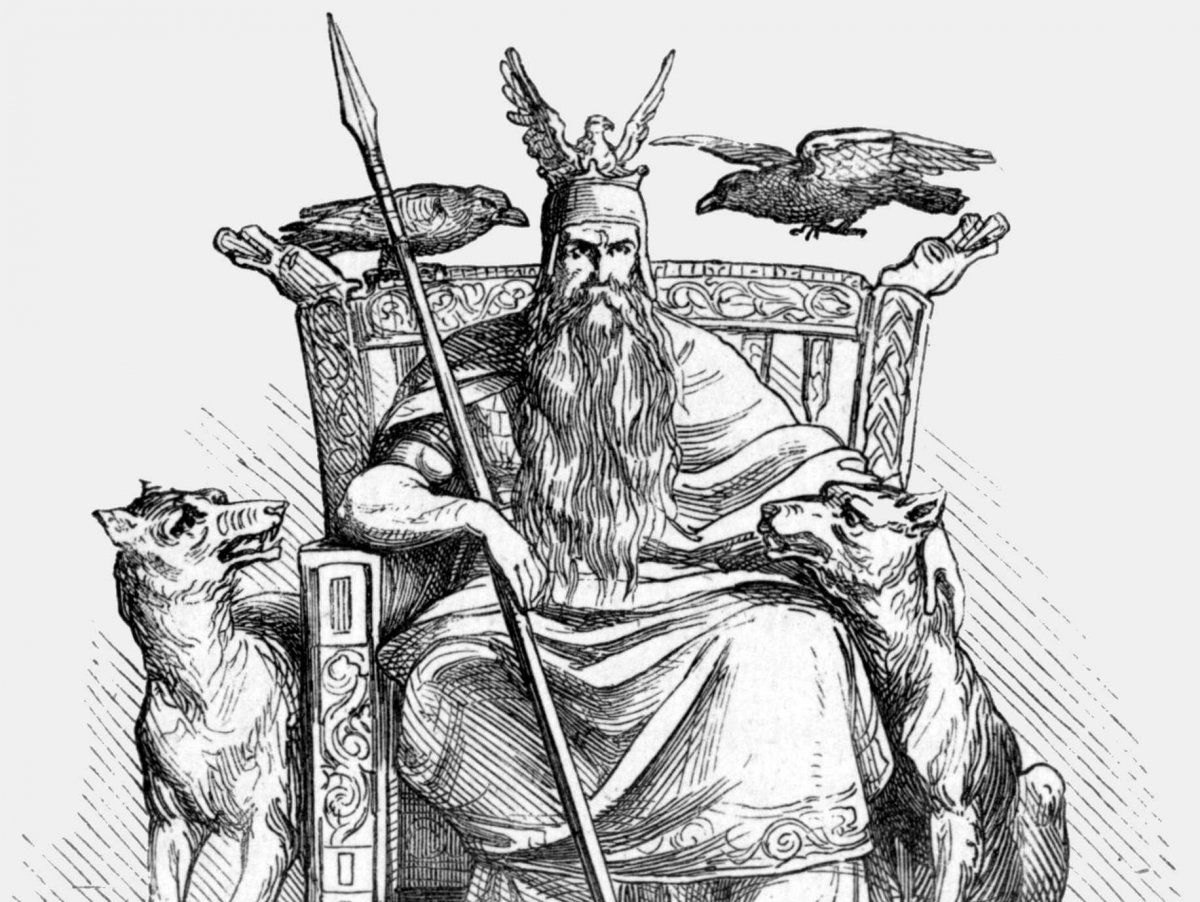 Un coloriage représentant des figures mythologiques nordiques dans un paysage naturel Un coloriage représentant des figures mythologiques nordiques dans un paysage naturel
