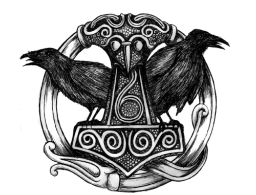 Scène de mythologie nordique avec un dieu sur un trône entouré de symboles Scène de mythologie nordique avec un dieu sur un trône entouré de symboles