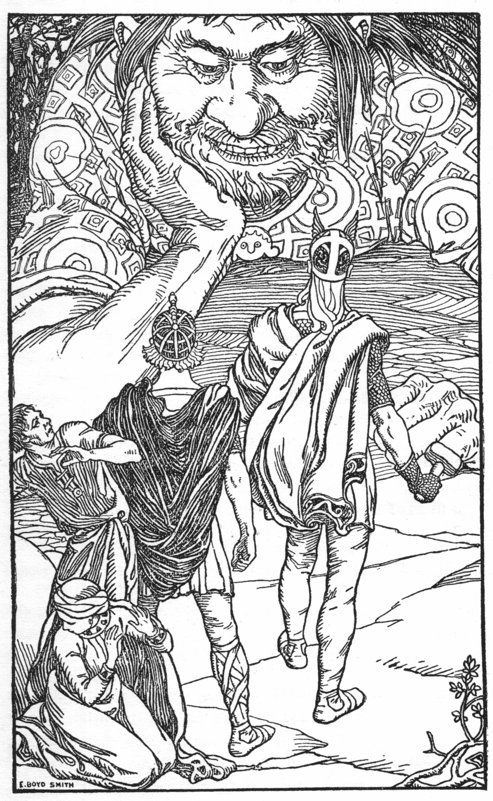 Scène de mythologie nordique avec un dieu et des éléments symboliques