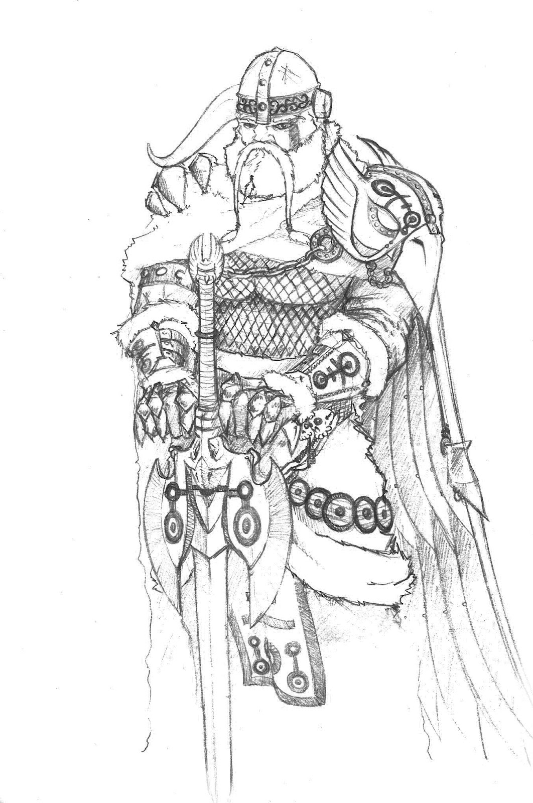 Coloriage d'un dieu de la mythologie nordique avec un décor de nature sauvage