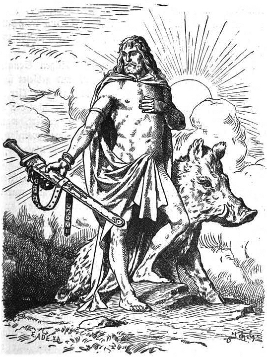 Scène de mythologie nordique avec un dieu et des éléments symboliques