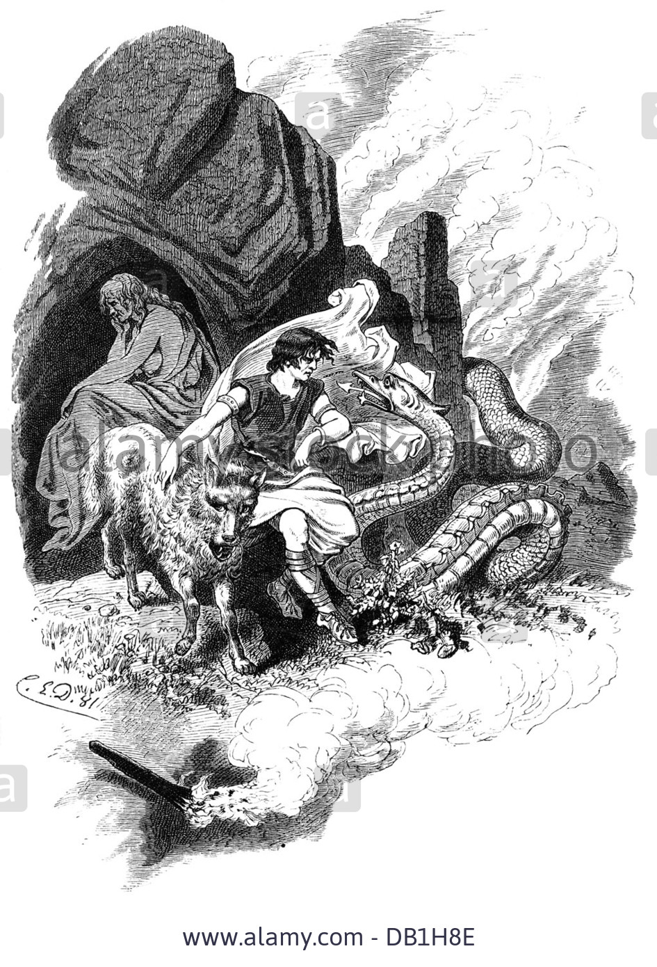 Scène de mythologie nordique avec un personnage au milieu de la nature
