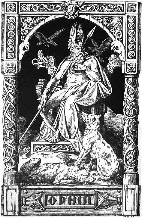 Coloriage représentant des figures de la mythologie nordique dans un paysage mystique