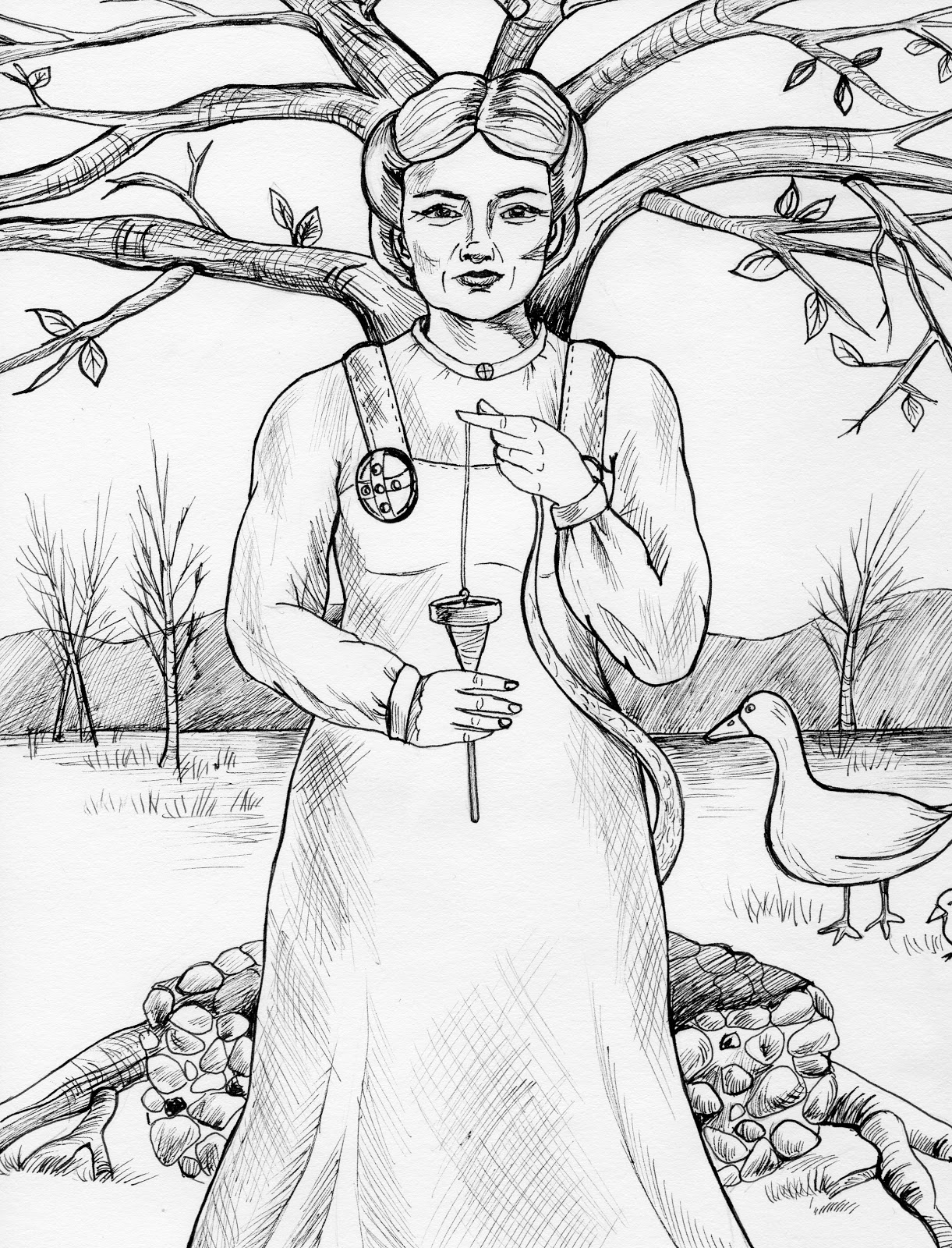Un coloriage de dieux et créatures de la mythologie nordique dans un paysage mystique