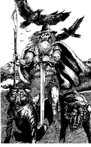 Coloriage de la mythologie nordique avec un dieu et son décor mystique