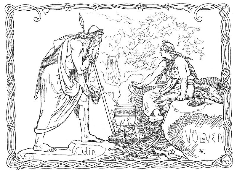 Coloriage d'une scène mythologique nordique avec un guerrier et un dragon