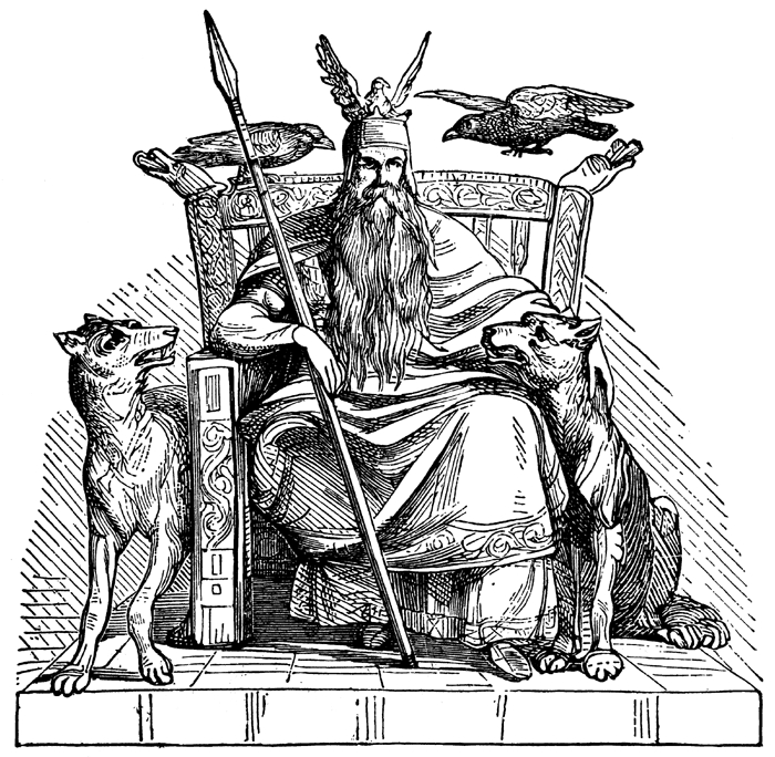 Scène de mythologie nordique avec un dieu et un dragon dans un paysage montagneux