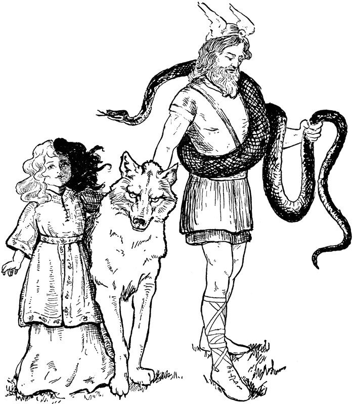 Coloriage d'une scène de mythologie nordique avec un dieu et des éléments naturels