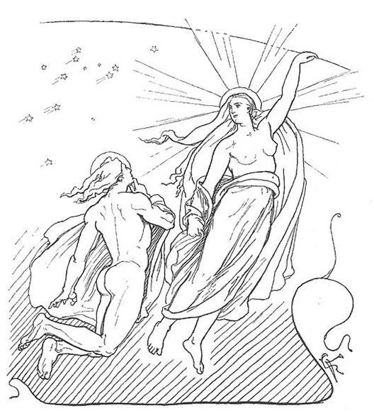 Scène de mythologie nordique avec des personnages et des éléments emblématiques