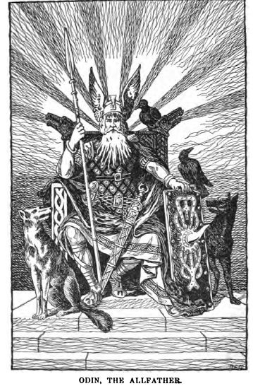 Un coloriage de guerrier nordique sur un fond de paysages mythologiques