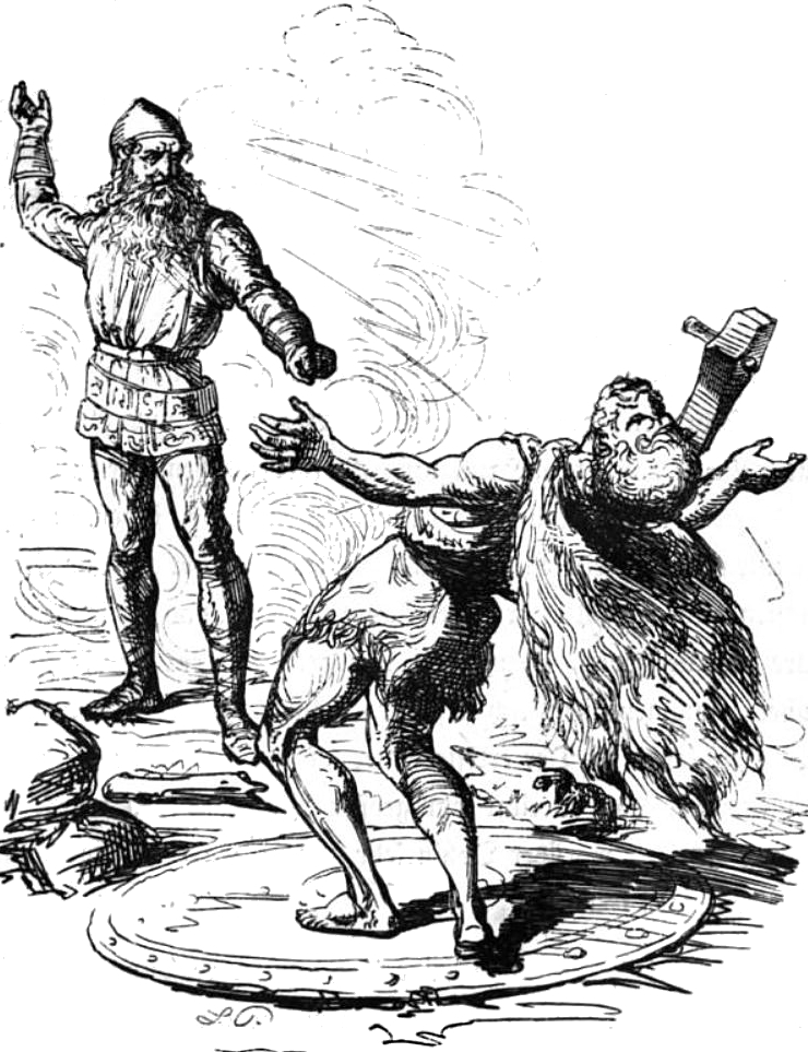Scène mythologique nordique avec un guerrier et des éléments emblématiques