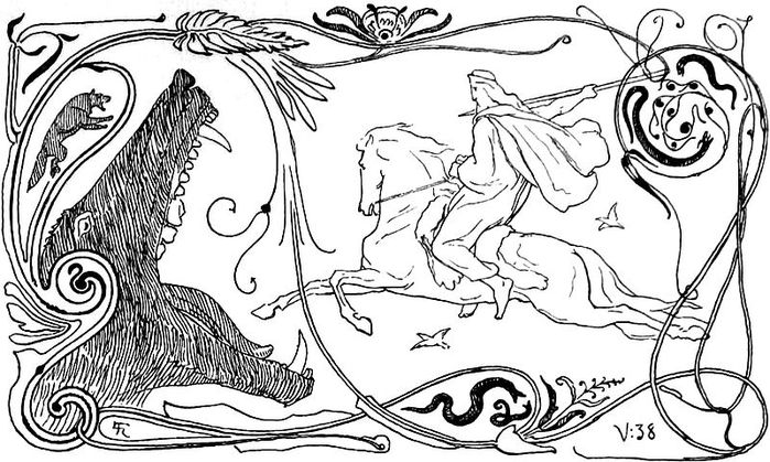 Coloriage d'une scène de mythologie nordique avec des dieux et des créatures