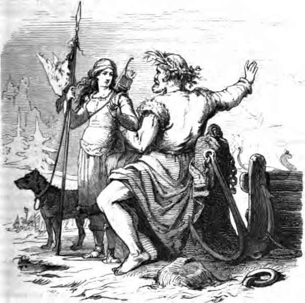Un guerrier nordique brandissant son épée dans un paysage mythologique