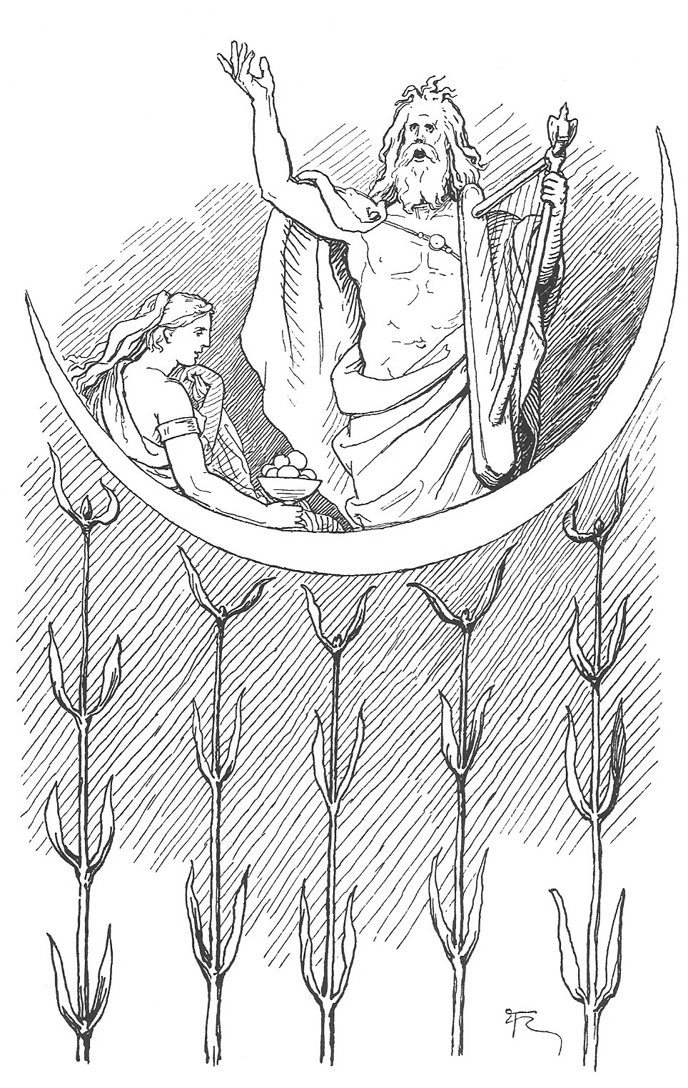 Scène de mythologie nordique avec un dieu et des éléments naturels