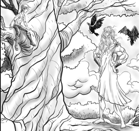 Coloriage d'une scène de mythologie nordique avec des personnages et des éléments iconiques