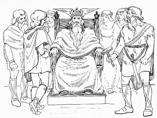 Scène de mythologie nordique avec un dieu et des éléments naturels