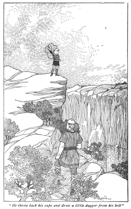 Dieu nordique affrontant un serpent dans un paysage montagneux