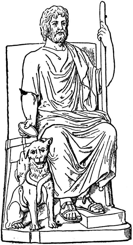 Scène de mythologie romaine avec un dieu sur un trône entouré de symboles
