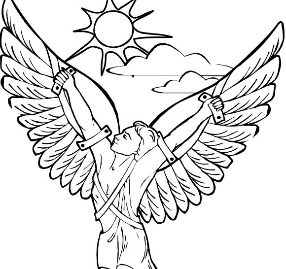 Coloriage représentant un dieu de la mythologie romaine entouré de symboles divins