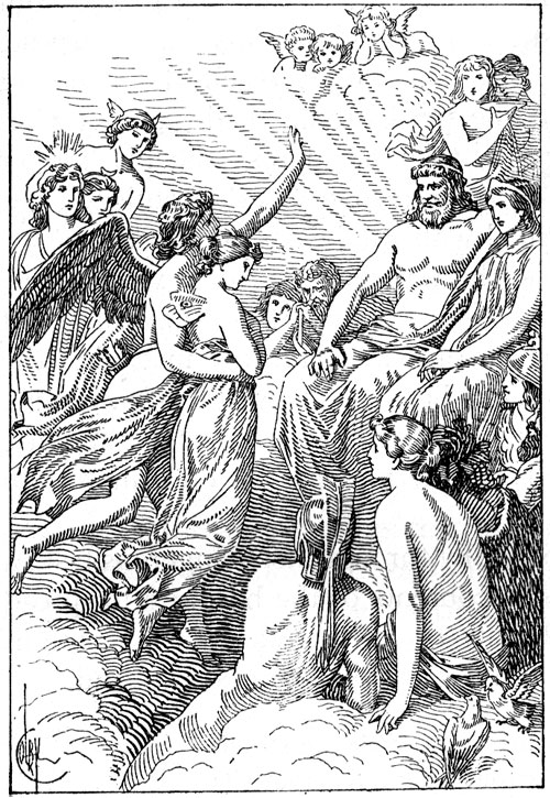 Scène de mythologie romaine avec des divinités au milieu d'éléments naturels