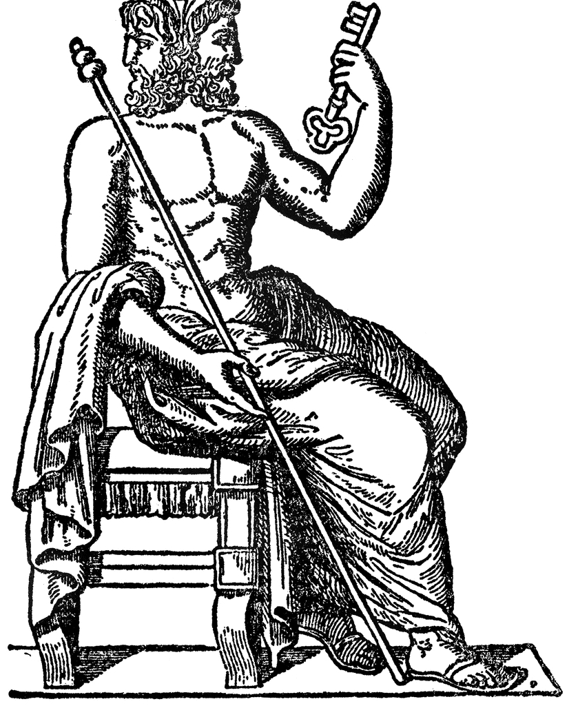 Coloriage représentant une scène de mythologie romaine avec des figures divines et des éléments architecturaux