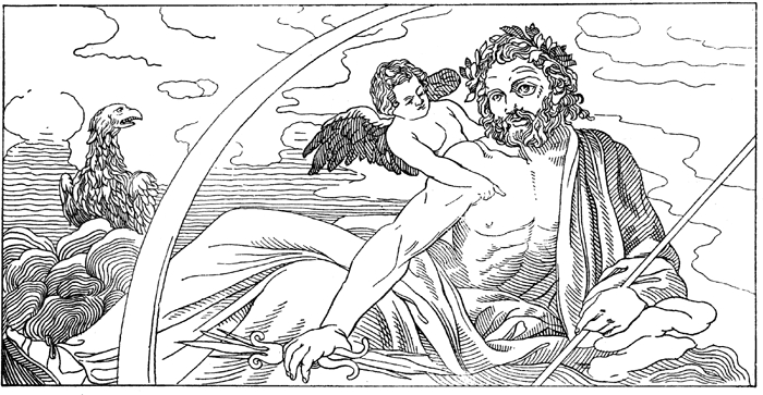 Scène de la mythologie romaine avec des personnages divins entourés de nature