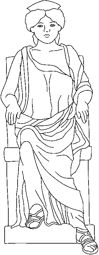 Coloriage d'une scène de mythologie romaine avec des divinités et des éléments architecturaux