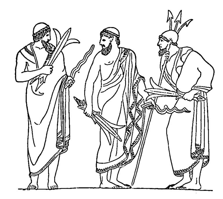 Coloriage d'une scène de mythologie romaine avec des personnages mythiques