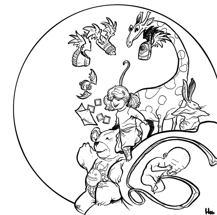 Coloriage d'une scène de naissance avec un bébé et des éléments décoratifs