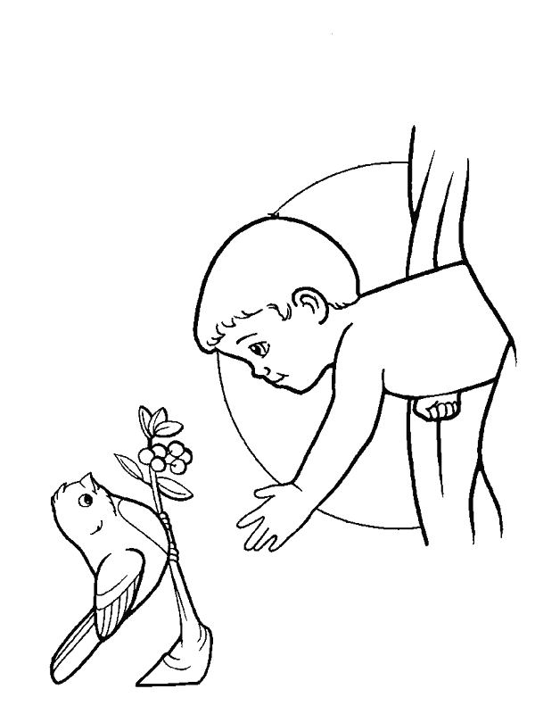 Coloriage d'une naissance avec un bébé dans un berceau entouré d'éléments joyeux